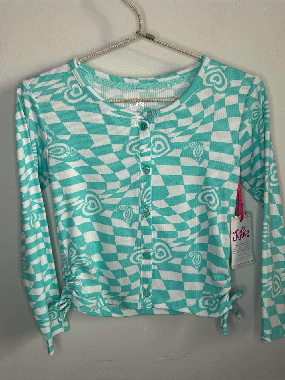 Justice Girls Turquoise Checkerboard Heart Long Sleeve Side-Cinch Button Up Top